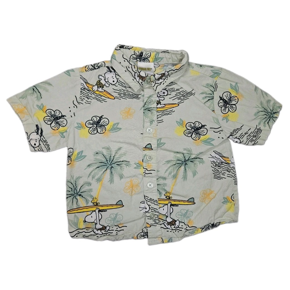 Peanuts Snoopy Surfing Hawaiian Shirt Boys Button-Up 3T Green Short Sleeves